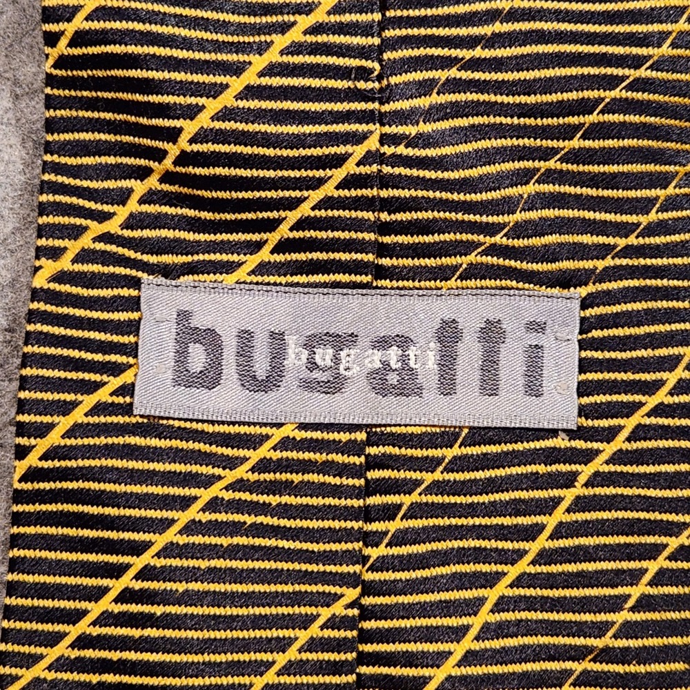 Vintage Bugatti Silk Tie Black‎ Yellow Stripe Mens Designer Luxury Necktie USA